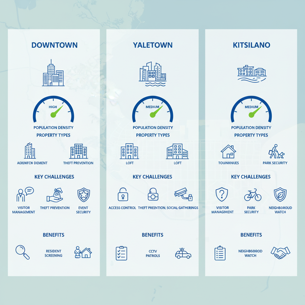 Infographic comparing concierge security needs across Vancouver neighborhoods: Downtown, Yaletown, and Kitsilano with icons and gauges.