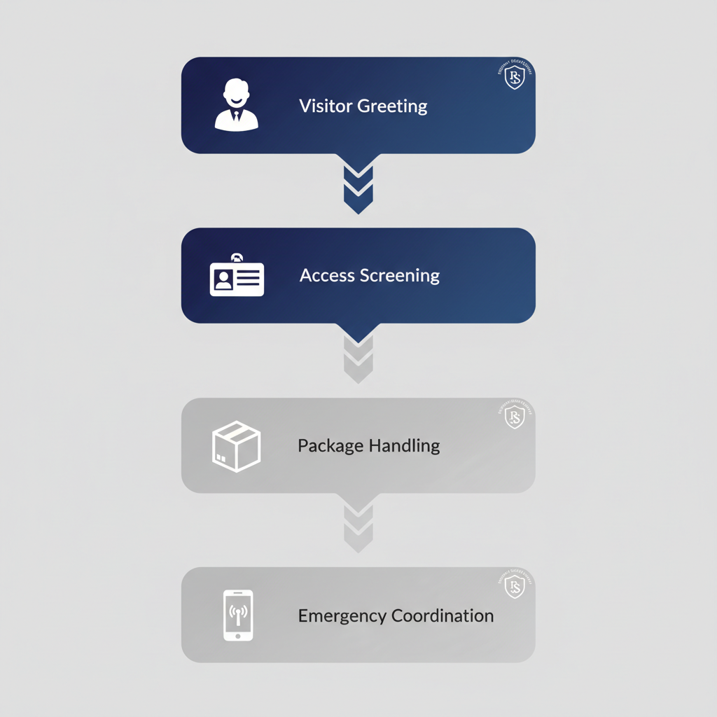 Vertical process flow diagram showing five steps of concierge security duties with icons and labels