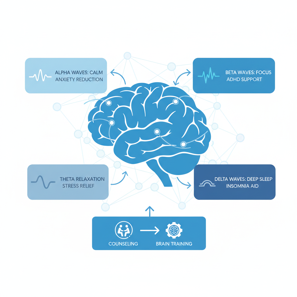 Infographic explaining neurofeedback therapy with brain image, brainwave types, and integration with counseling.