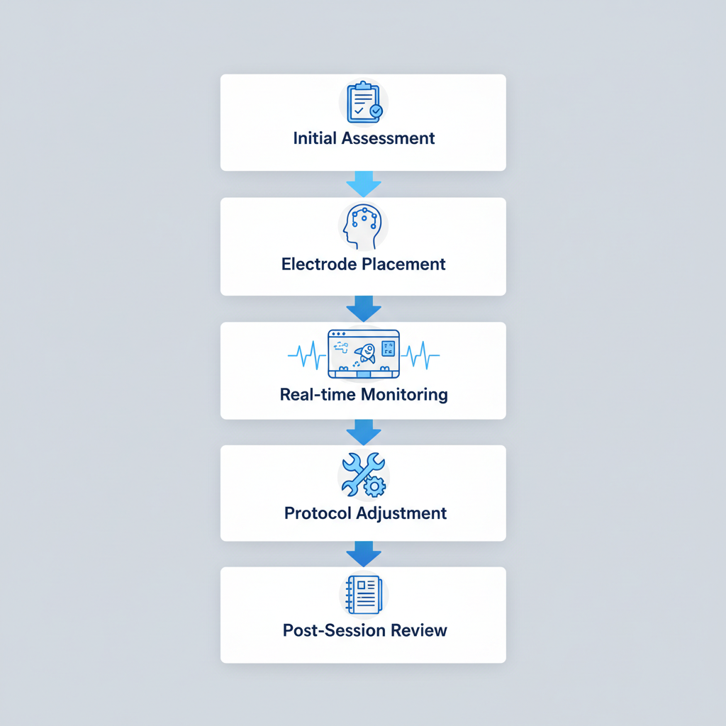 Vertical process flow diagram showing five stages of a neurofeedback therapy session with icons and brief labels.