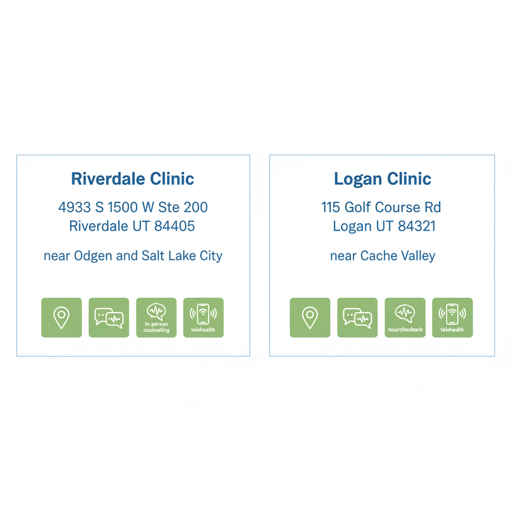 Infographic comparing Butterfield Counseling trauma therapy clinics in Riverdale and Logan Utah with locations services and icons