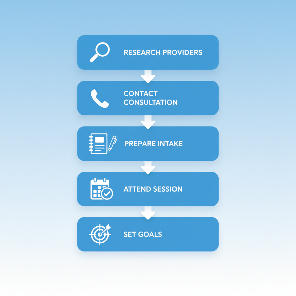 Vertical process flow diagram illustrating the five initial steps in starting trauma therapy, including research, contact, preparation, attendance, and goal setting with icons.