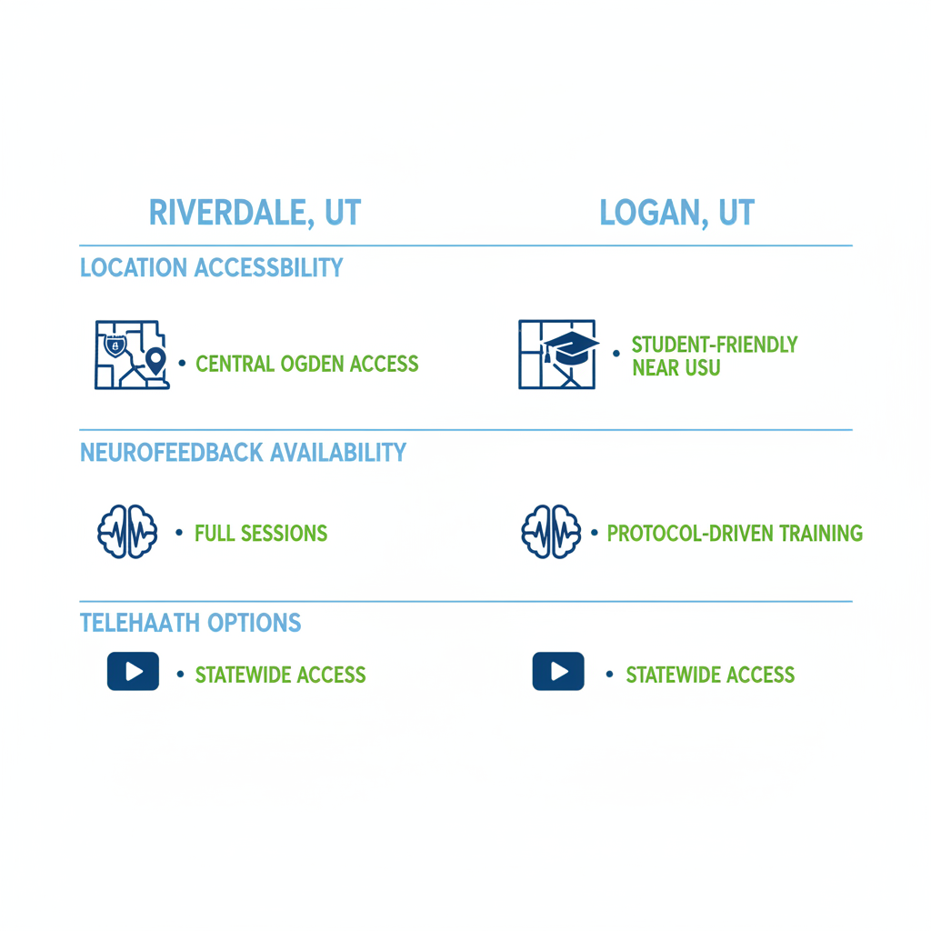 Infographic comparing ADHD therapy options at clinics in Riverdale and Logan, Utah, highlighting location, neurofeedback, and telehealth features.