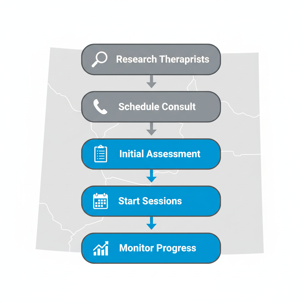 Vertical process flow diagram illustrating five steps to begin ADHD therapy journey: research, schedule, assess, start, monitor.