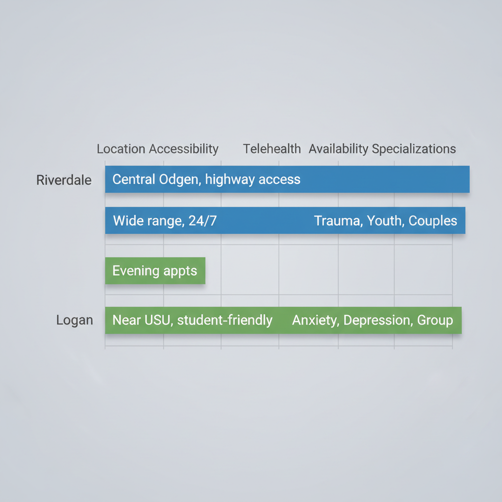 Horizontal bar chart comparing mental health resources in Riverdale and Logan, Utah: location accessibility, telehealth, and specializations.