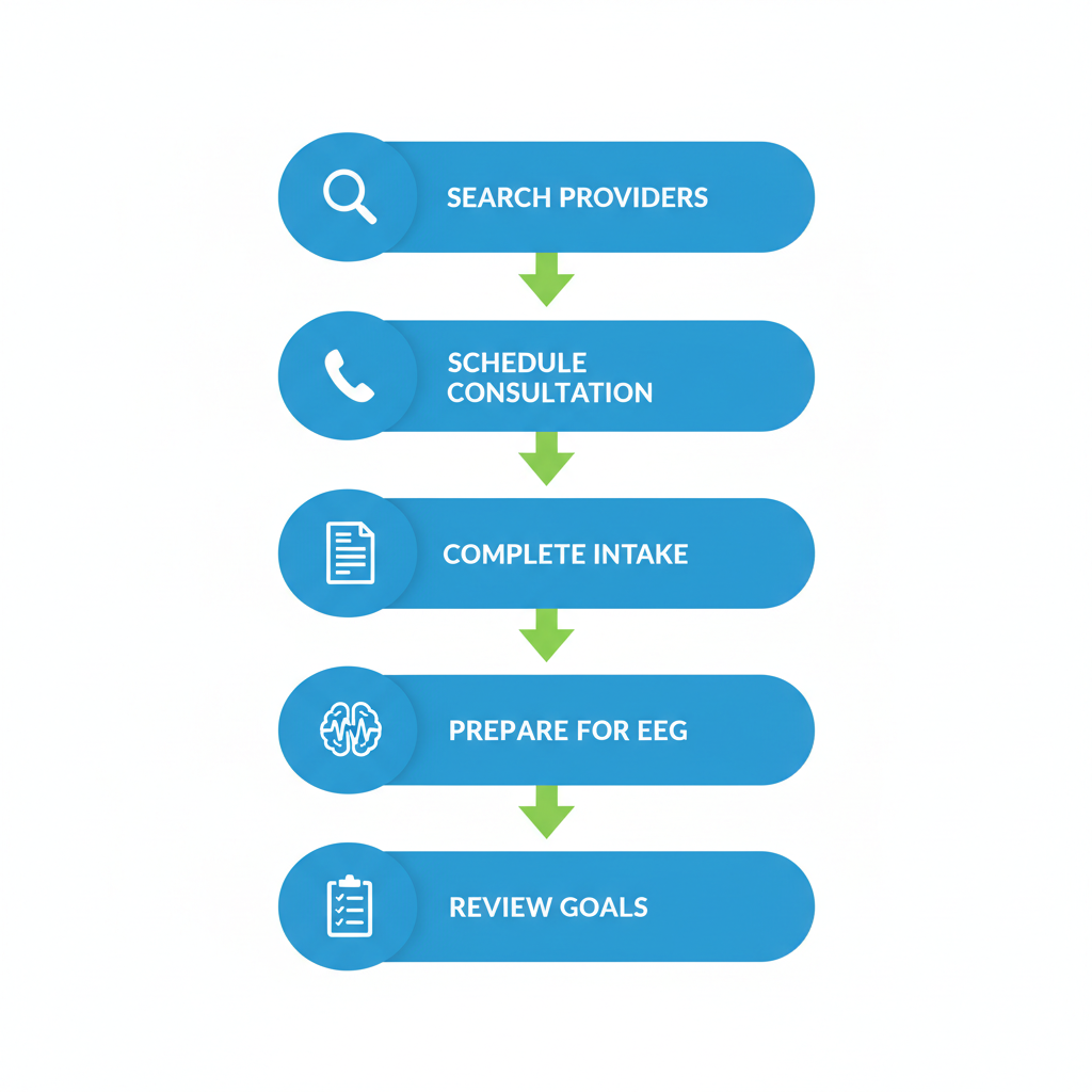 Vertical process flow diagram illustrating five steps to start neurofeedback therapy in Utah with icons and arrows.