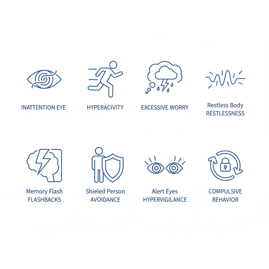 Grid of icons showing signs of ADHD, anxiety, trauma, PTSD, and addictions including inattention, hyperactivity, worry, restlessness, flashbacks, avoidance, hypervigilance, and compulsive behavior.