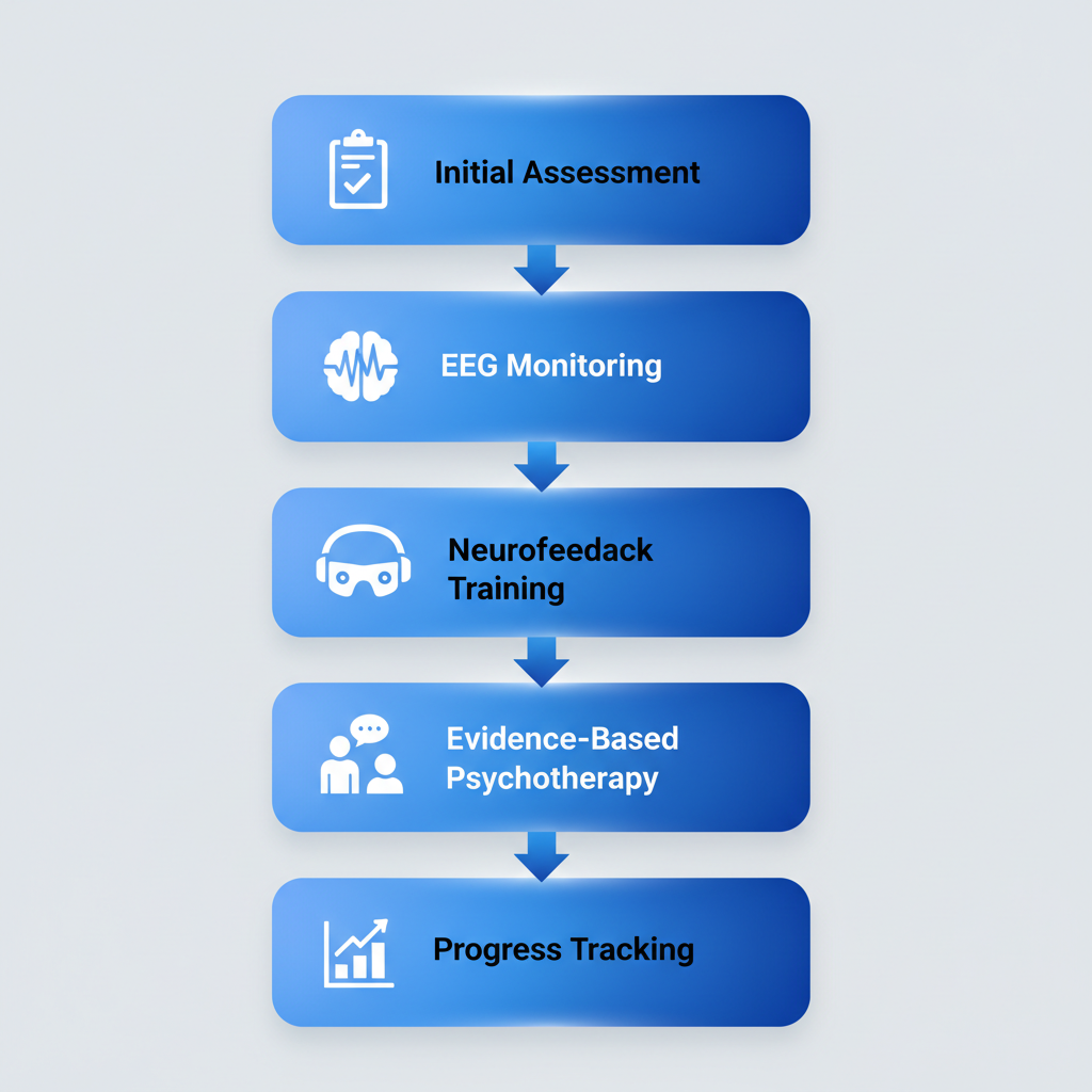 Vertical process flow diagram illustrating the five steps of integrated neurofeedback therapy and counseling