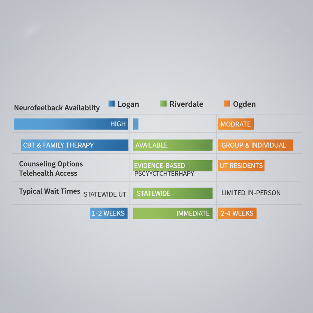 Horizontal bar chart comparing ADHD treatment availability, counseling options, telehealth access, and wait times in Logan, Riverdale, and Ogden, Utah