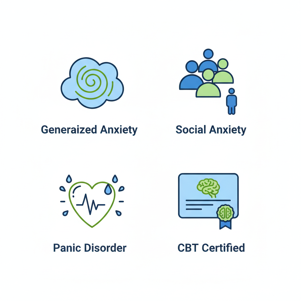 2x2 grid of icons depicting generalized anxiety, social anxiety, panic disorder, and CBT therapist qualifications in blue and green flat design.