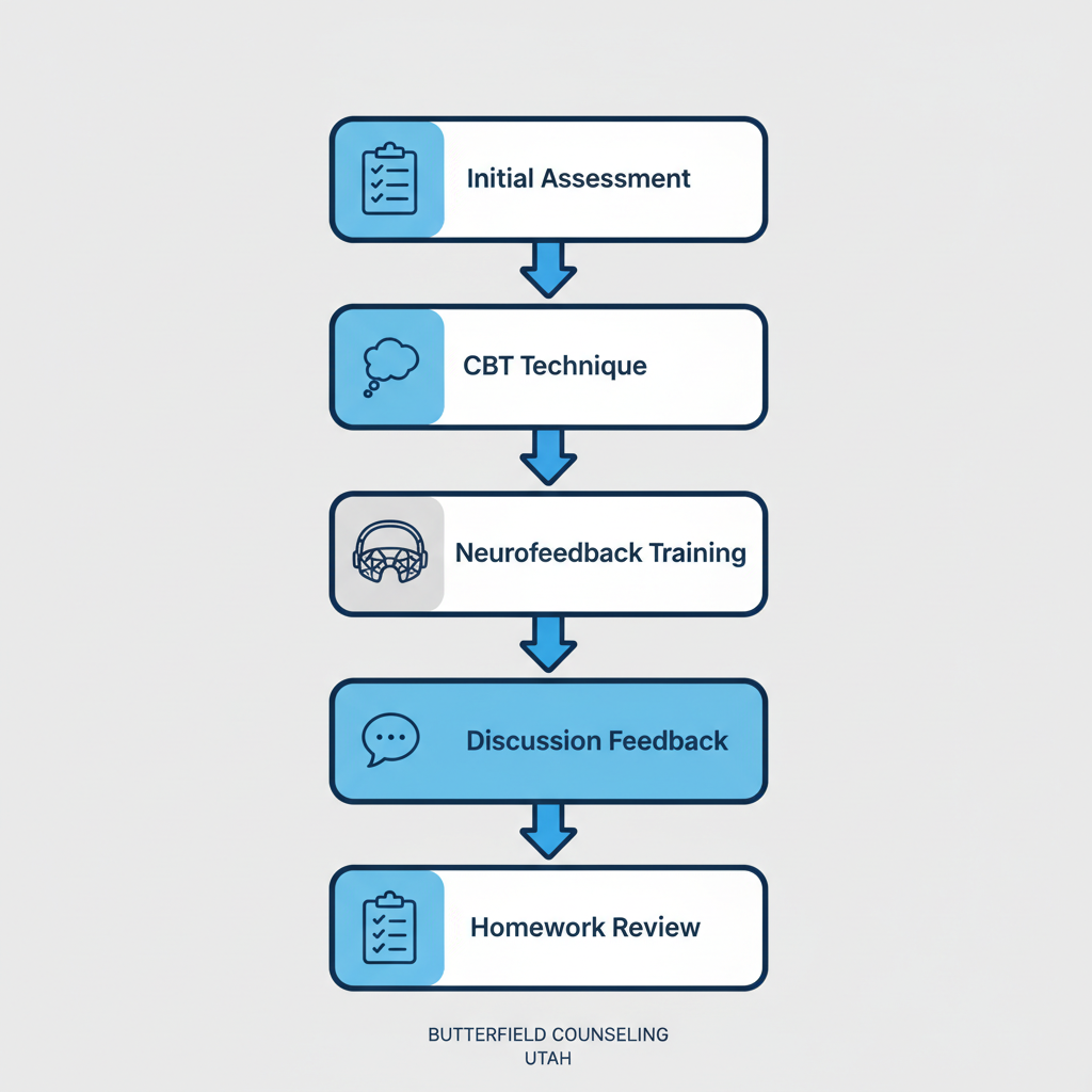 Vertical process flow chart showing five steps of anxiety therapy session with icons for assessment, CBT, neurofeedback, discussion, and homework.