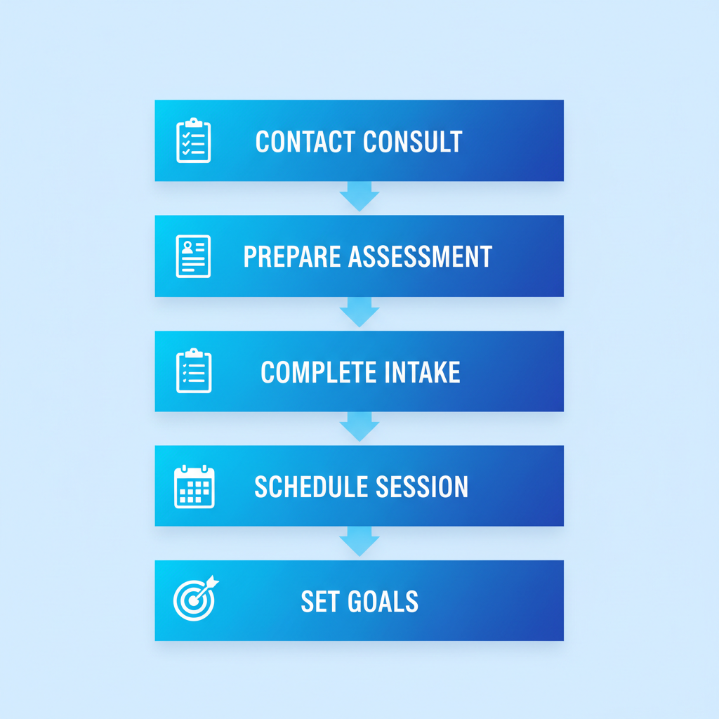Vertical process flow diagram illustrating five steps to start anxiety therapy in Ogden, including contact, preparation, intake, scheduling, and goal setting with icons and blue tones.