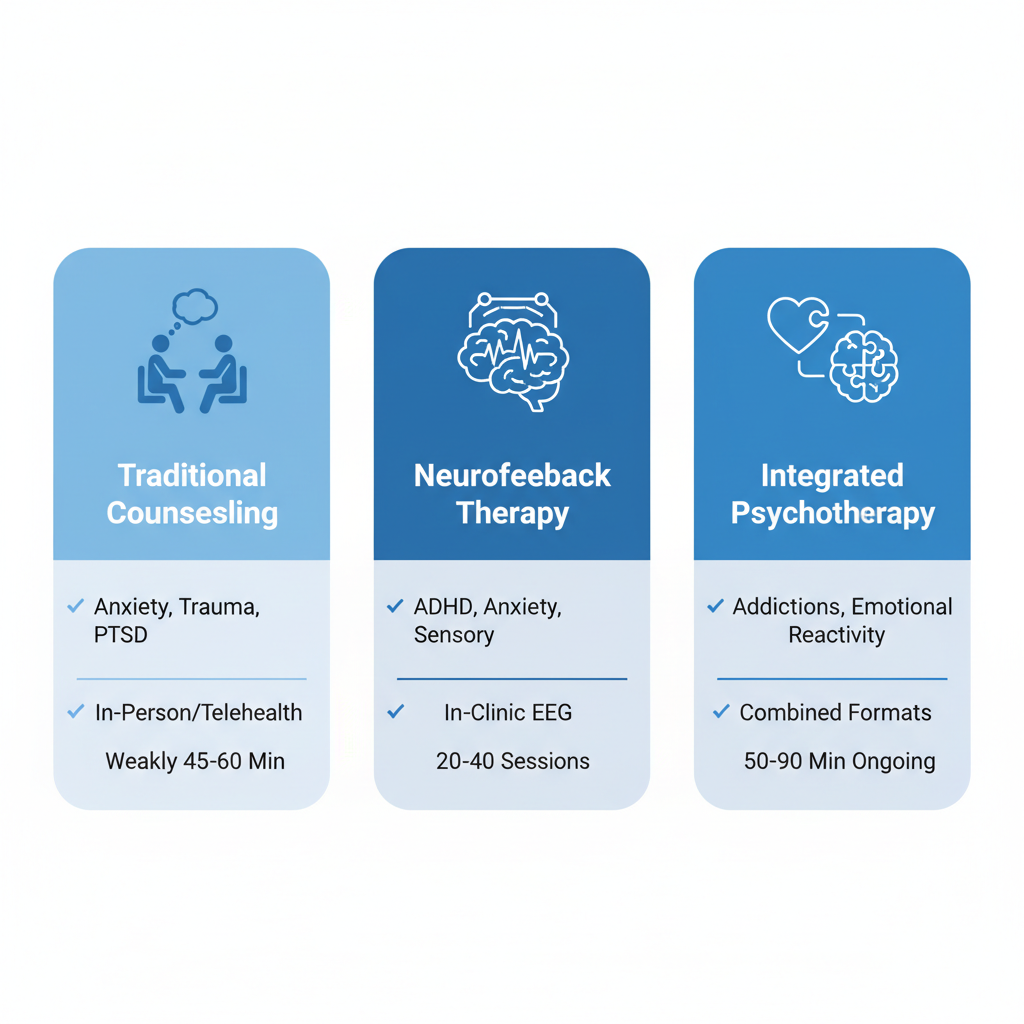 Infographic showing comparison of traditional counseling, neurofeedback therapy, and integrated psychotherapy modalities in Ogden.