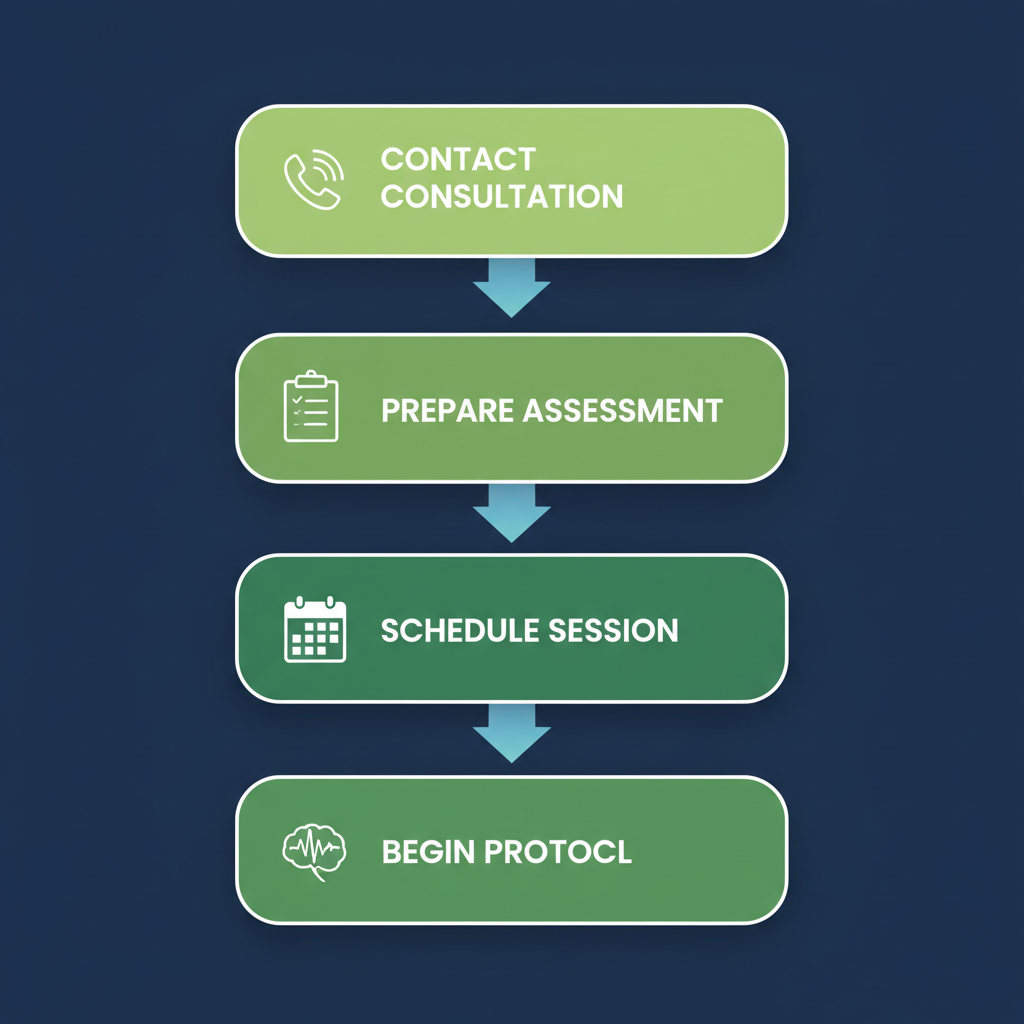 Vertical process flow diagram showing five steps to start mental health therapy in Ogden, including neurofeedback and counseling.