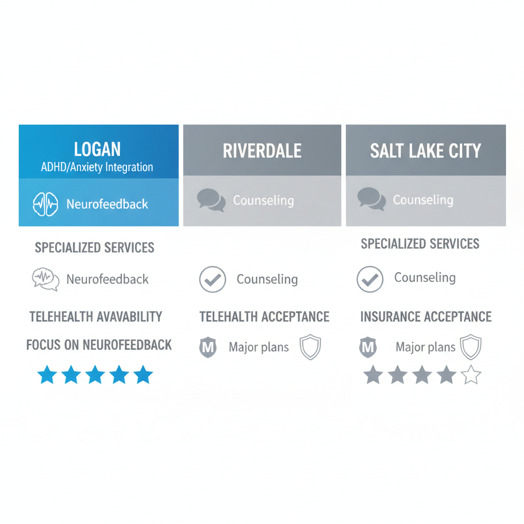 Infographic comparing mental health resources and services in Logan, Riverdale, and Salt Lake City, Utah