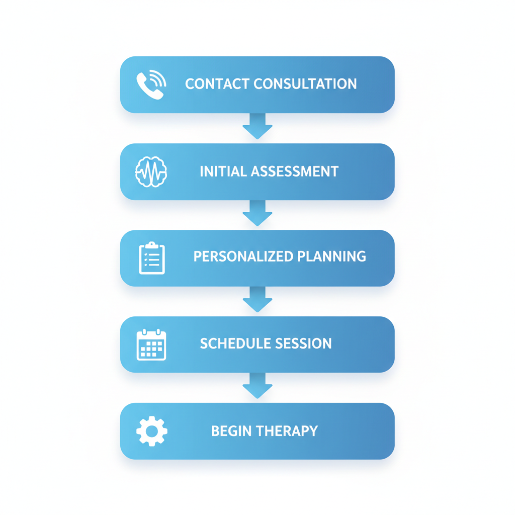 Vertical process flow diagram illustrating five steps to begin neurofeedback therapy: contact consultation, initial assessment, personalized planning, schedule session, and begin supervised sessions.