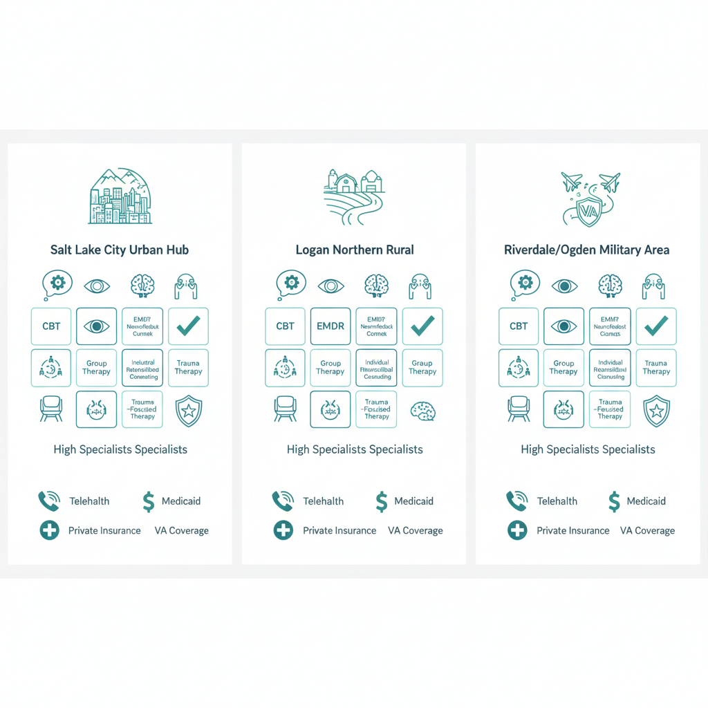 Infographic depicting PTSD therapy options and availability in Utah regions: Salt Lake City, Logan, and Riverdale/Ogden with therapy types, telehealth, and insurance icons.