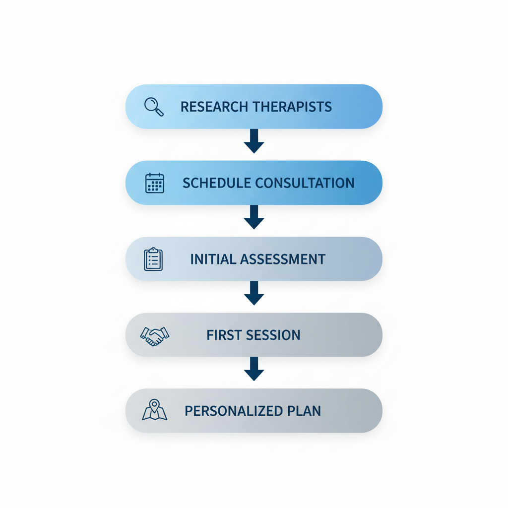 Vertical process flow diagram illustrating five steps to start PTSD therapy in Utah with icons for research, scheduling, assessment, session, and planning.