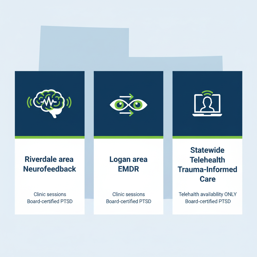Infographic comparing trauma therapy options in Utah: neurofeedback in Riverdale, EMDR in Logan, and telehealth statewide.