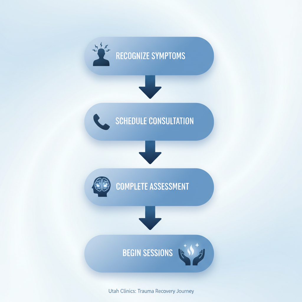 Vertical process flow diagram showing four steps to begin trauma recovery: recognizing symptoms, scheduling consultation, completing assessment, and starting integrated sessions with relevant icons.