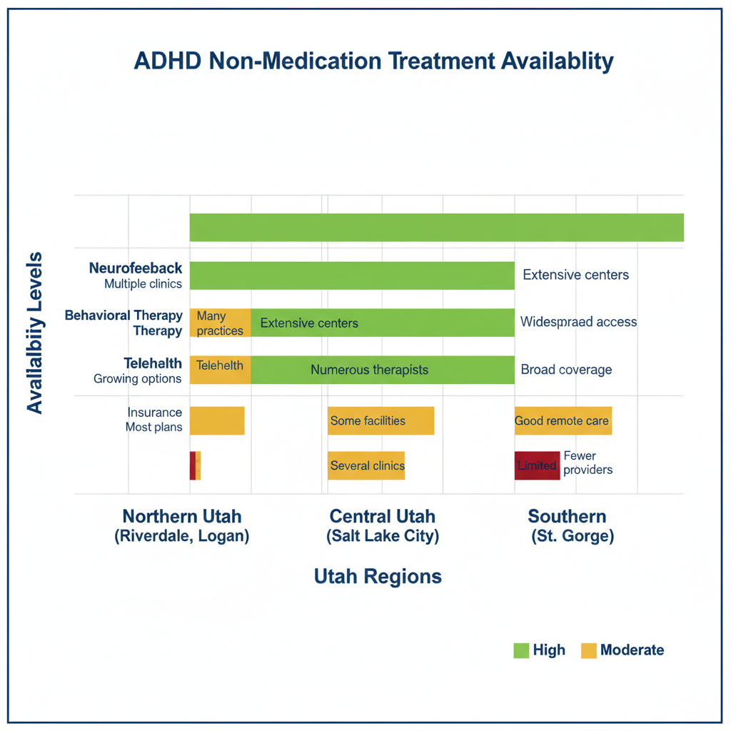 Horizontal bar chart comparing ADHD non-medication treatment availability across Utah regions with color-coded bars for different therapies.