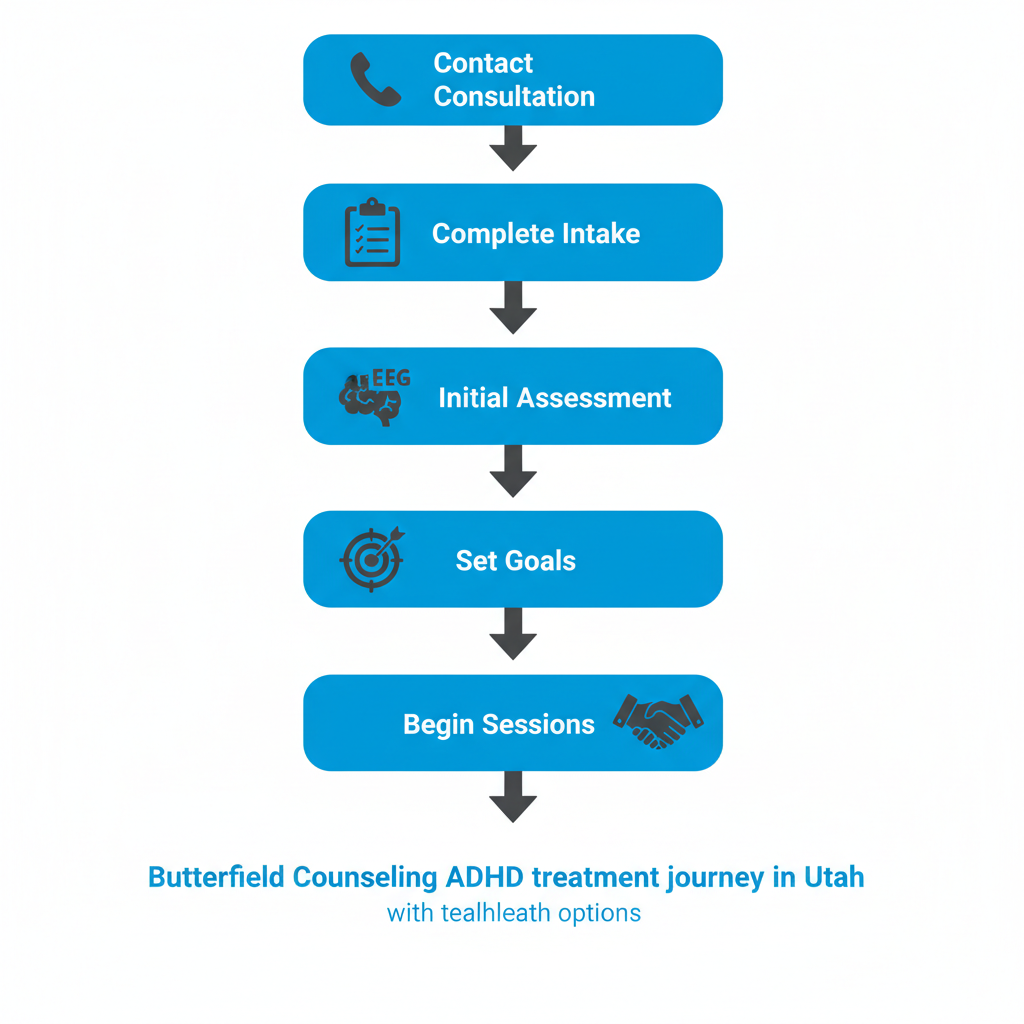 Vertical process flow diagram illustrating the five steps to start ADHD treatment at Butterfield Counseling in Utah, including icons for each stage.