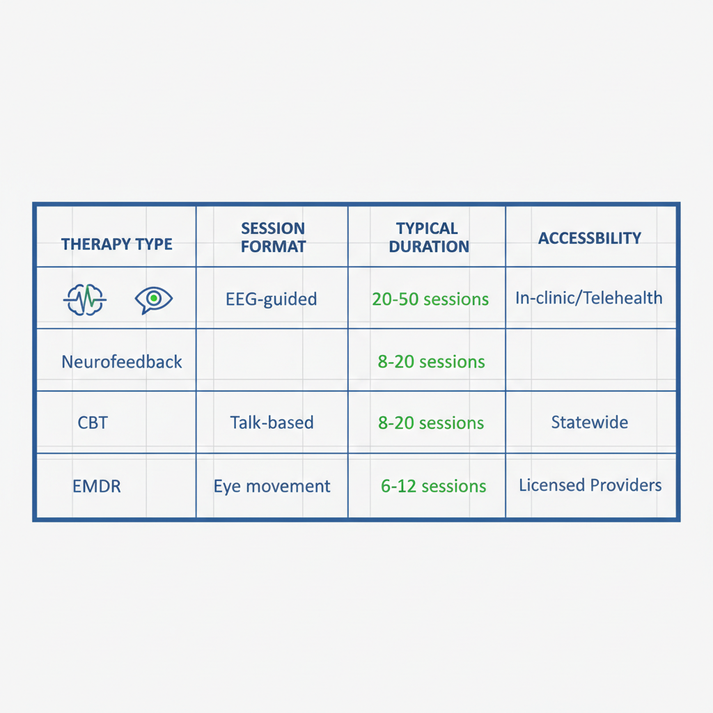 Infographic comparing anxiety therapy options in Utah: Neurofeedback, CBT, and EMDR, showing session formats, durations, and accessibility details.