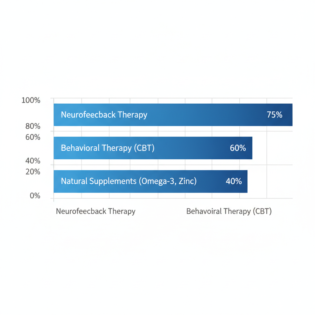 Horizontal bar chart comparing efficacy percentages of ADHD treatments: Neurofeedback Therapy 75%, Behavioral Therapy 60%, Natural Supplements 40%.