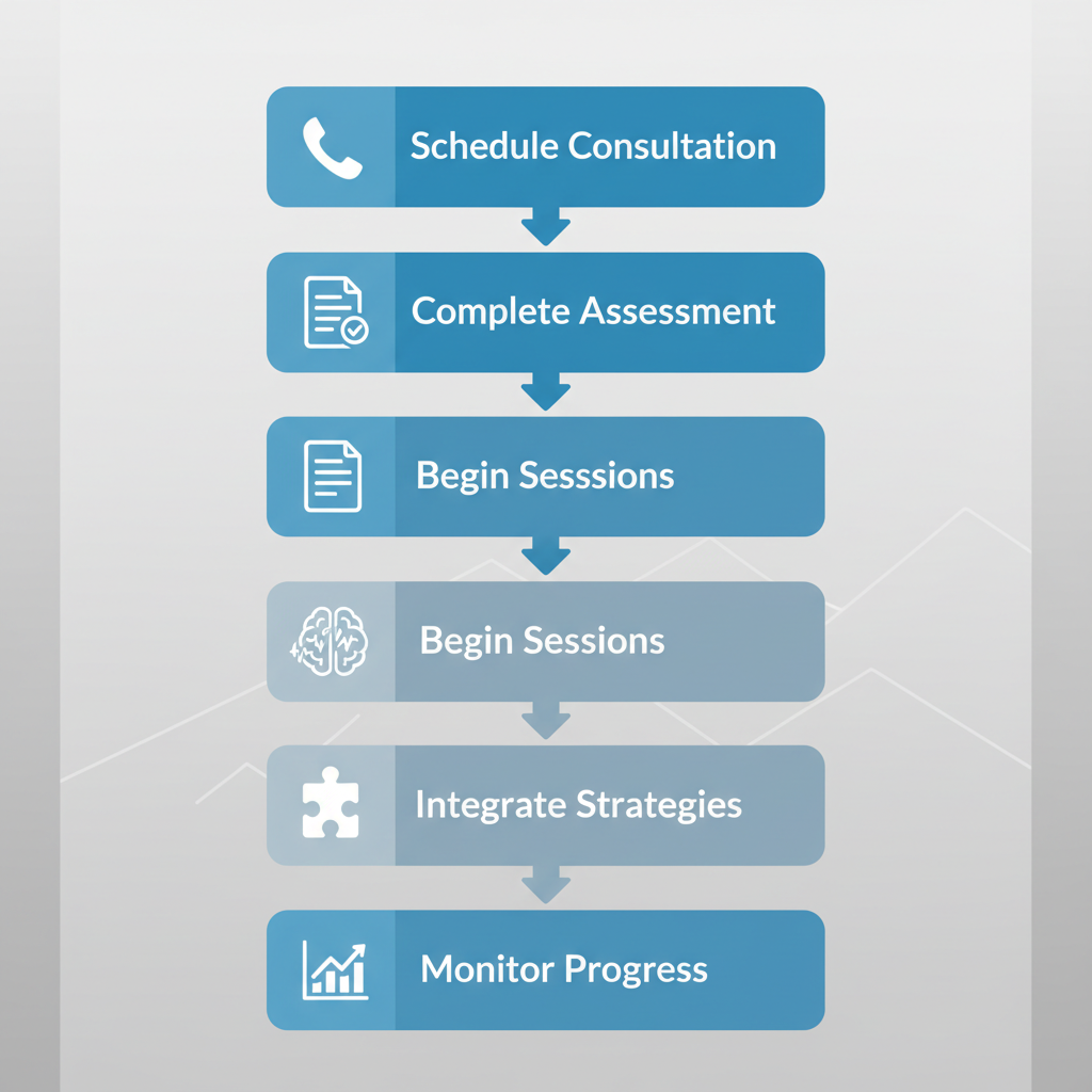 Vertical process flow diagram showing five steps to begin drug-free ADHD treatment with neurofeedback therapy.
