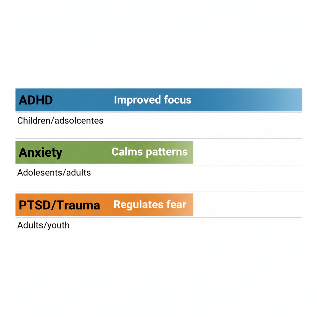 Horizontal bar chart showing neurofeedback therapy benefits for ADHD, anxiety, and PTSD in Utah, with colored bars for each condition and brief labels.