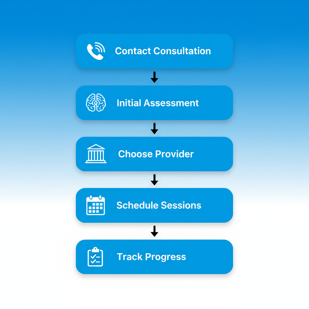 Vertical process flow diagram illustrating five steps to start neurofeedback therapy in Utah with icons and labels.