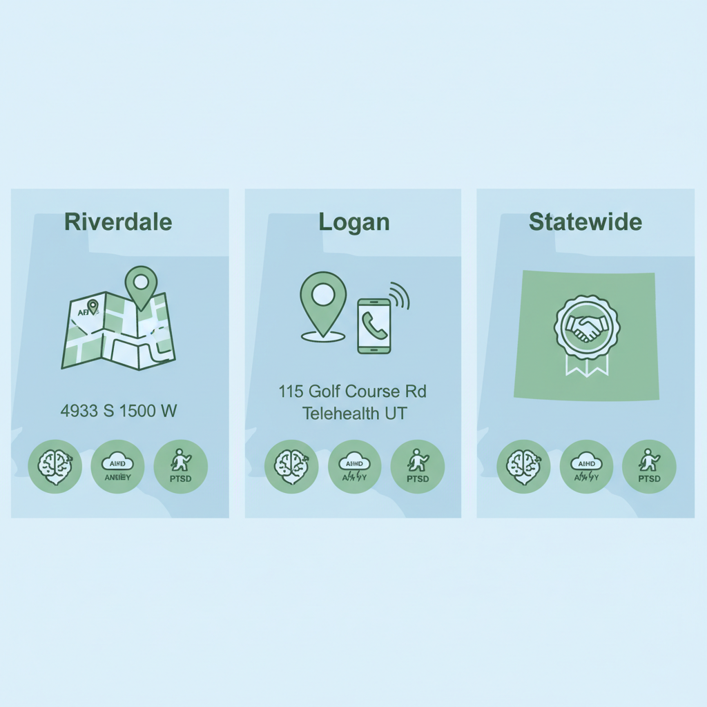 Infographic showing mental health services landscape in Utah with panels for Riverdale, Logan, and statewide telehealth, featuring icons for ADHD, anxiety, PTSD, and clinic locations.