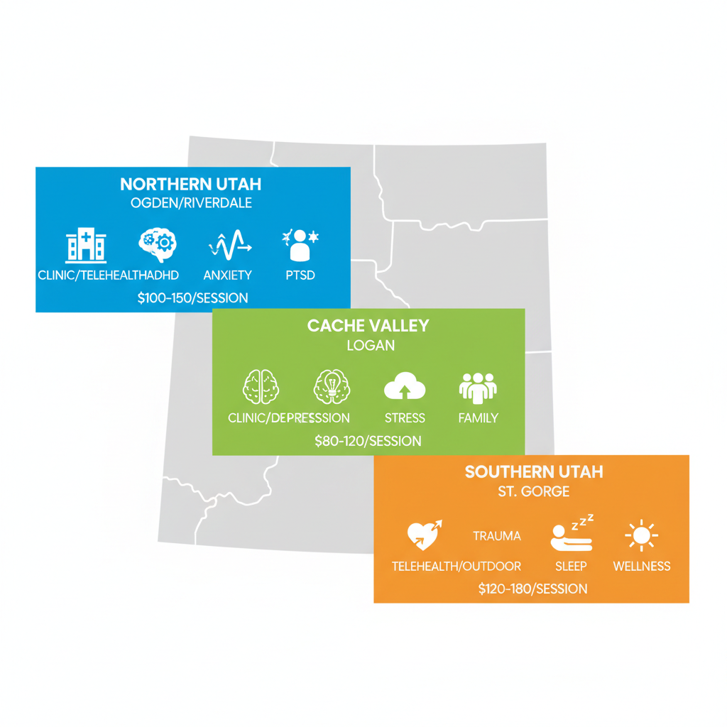 Infographic comparing mental health services in Northern Utah, Cache Valley, and Southern Utah with icons for clinics, telehealth, specializations, and session costs.