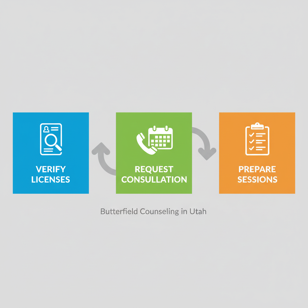 Horizontal process flow diagram showing three steps to start therapy: verify licenses, request consultation, and prepare sessions with icons and colored boxes.