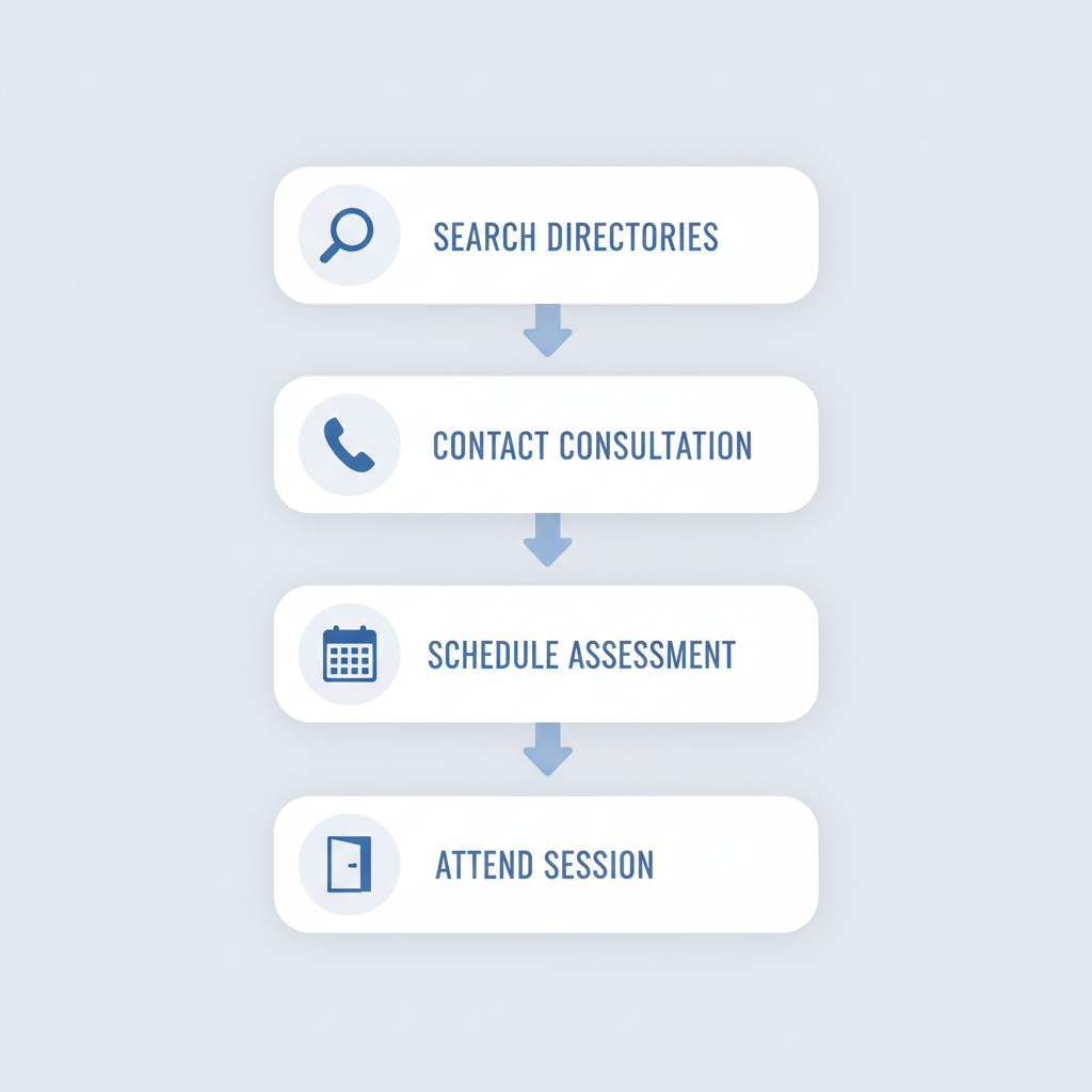 Vertical process flow diagram showing five steps to start therapy: search directories, contact for consultation, schedule assessment, prepare records, and attend first session.