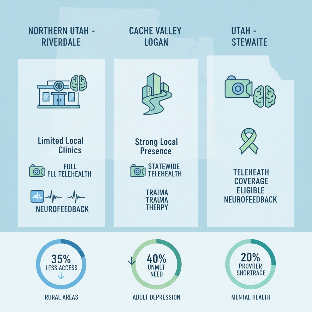 Infographic comparing depression therapy access across Utah regions including Northern Utah Riverdale Cache Valley Logan and statewide telehealth services