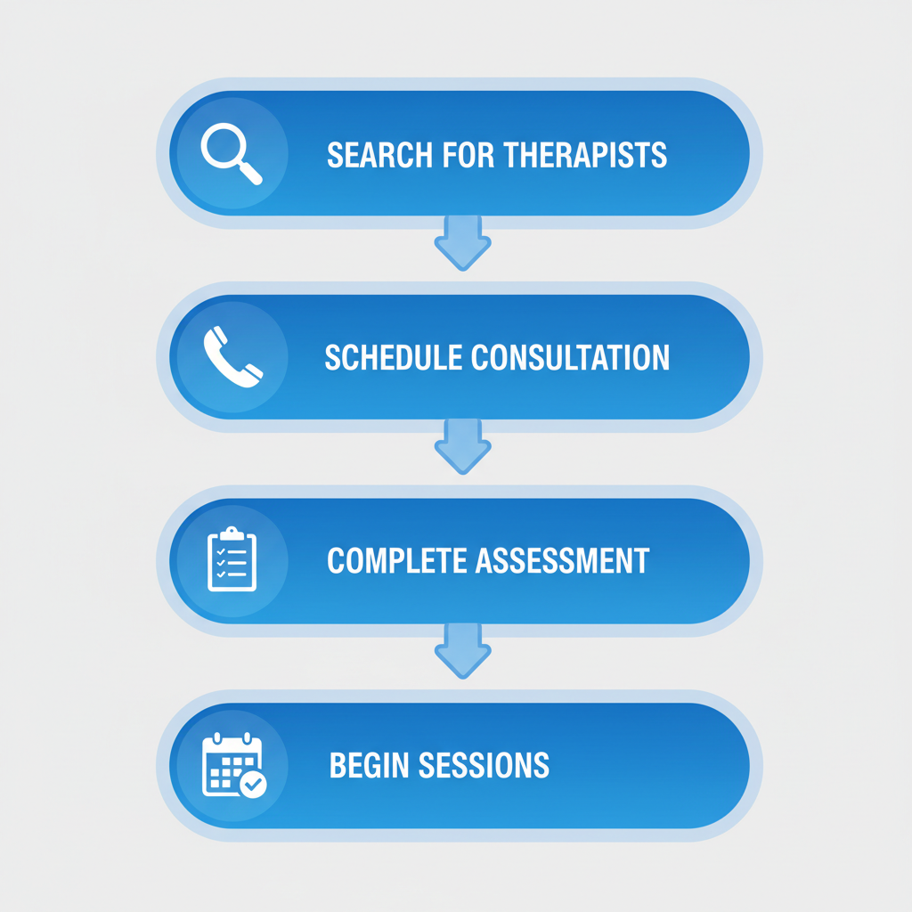 Vertical process flow illustrating four steps to start depression counseling: searching for therapists, scheduling consultation, completing assessment, and beginning sessions with neurofeedback options.