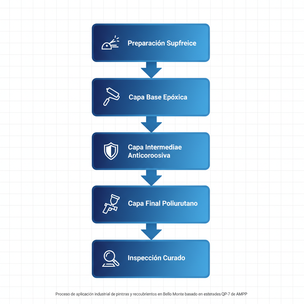 Diagrama de flujo vertical ilustrando las cinco etapas de aplicaciu00f3n industrial de pinturas y recubrimientos en Bello Monte.