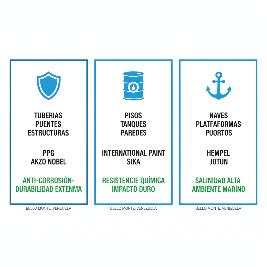 Infografu00eda comparativa de recubrimientos anticorrosivos, epu00f3xicos y marinos con iconos, aplicaciones y beneficios para entornos venezolanos.