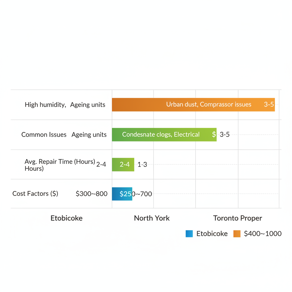Horizontal bar chart comparing AC repair challenges, times, and costs in Etobicoke, North York, and Toronto Proper across GTA.
