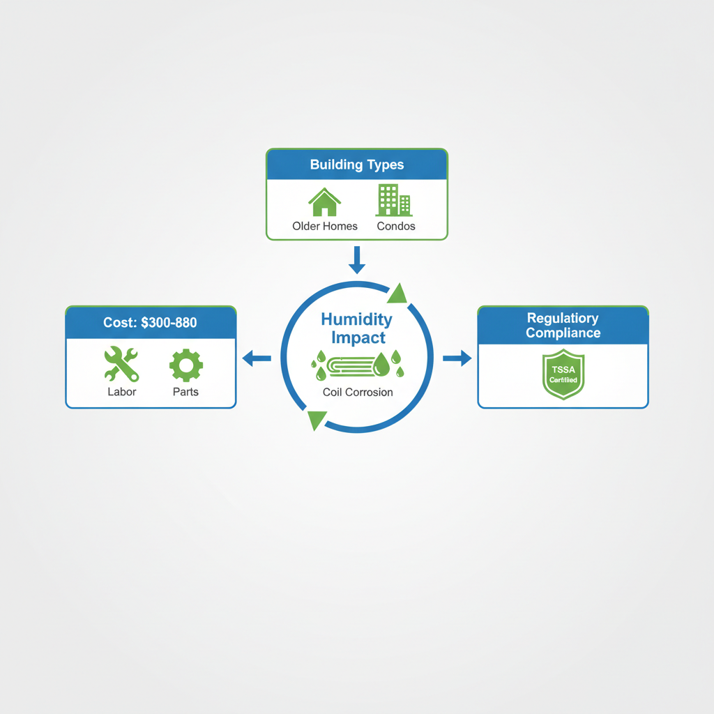 Infographic depicting main factors impacting air conditioning repairs in Etobicoke, featuring humidity effects, cost ranges, building differences, and TSSA compliance.