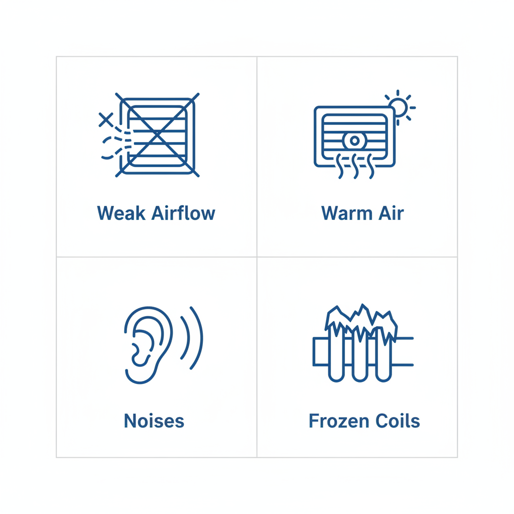 Icons depicting common central air conditioning problems: weak airflow, warm air from vents, unusual noises, and frozen evaporator coils.