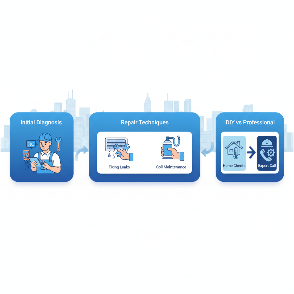 Horizontal process flow diagram illustrating the three main stages of central AC repair in Toronto: initial diagnosis, repair techniques, and DIY versus professional approaches, featuring icons and a subtle Toronto skyline background.