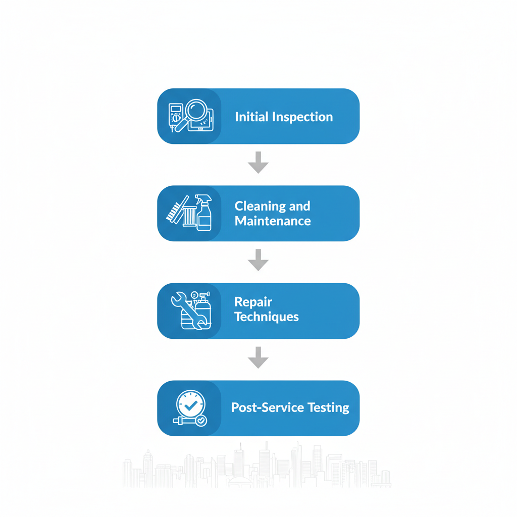 Vertical process flow diagram showing four stages of professional air conditioner service: inspection, cleaning, repair, and testing.