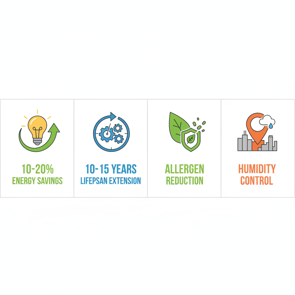 Infographic illustrating four key benefits of regular air conditioner maintenance including energy savings, extended lifespan, improved air quality, and Toronto-specific value with icons and metrics.