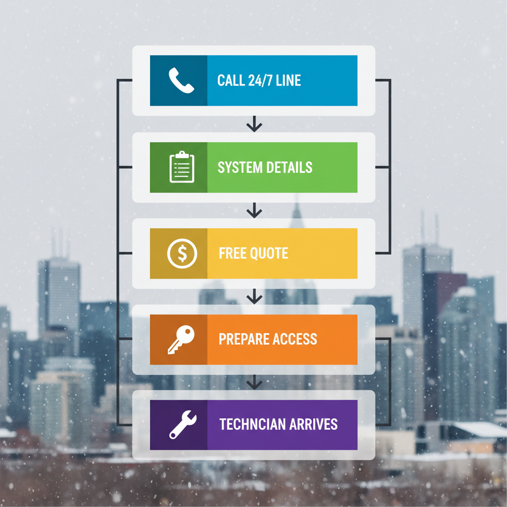 Vertical process flow diagram showing five steps to initiate emergency AC repair: calling the line, providing details, getting a quote, preparing access, and technician arrival.