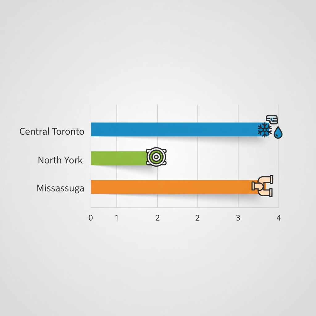 Horizontal bar chart showing average response times for AC repairs in GTA areas: Central Toronto, North York, and Mississauga with icons for common issues.