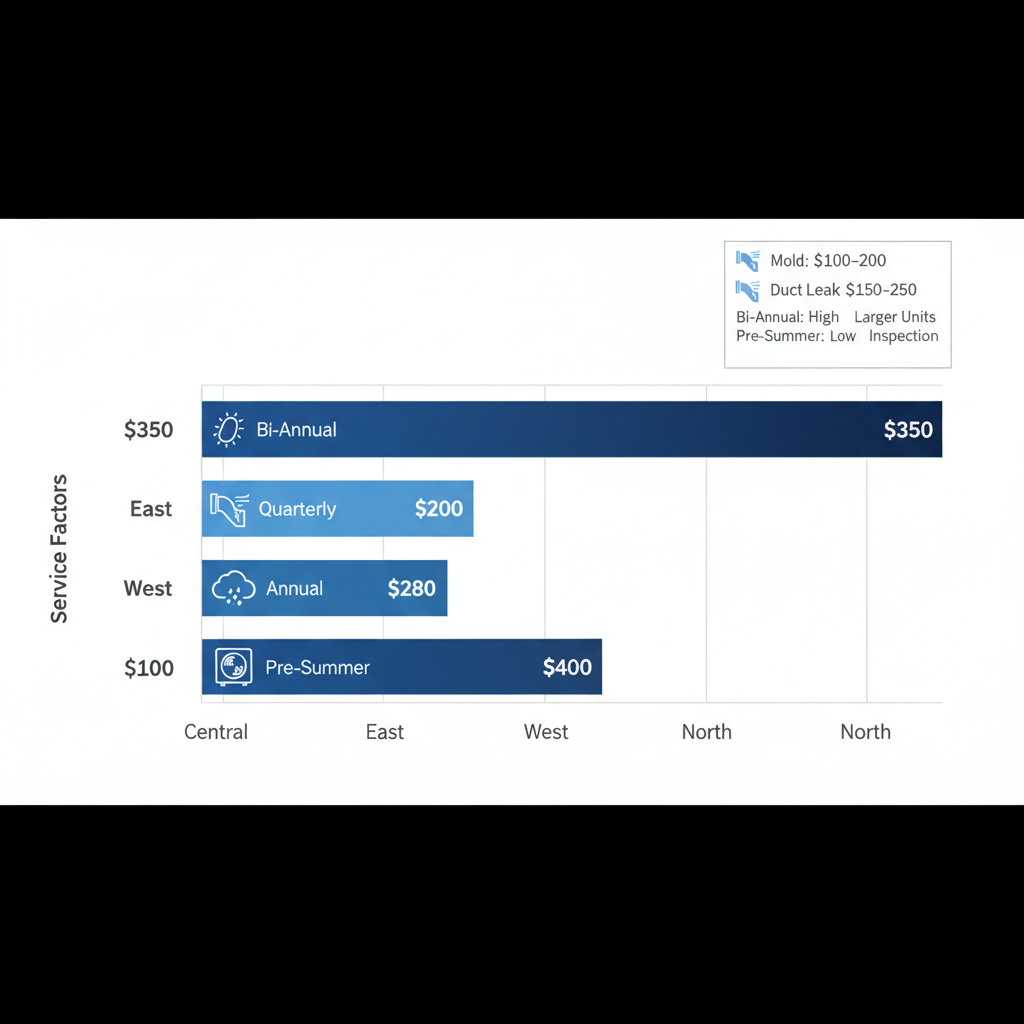 Horizontal bar chart comparing AC service costs, issues, and maintenance frequency in Central, East, West, and North Toronto areas.
