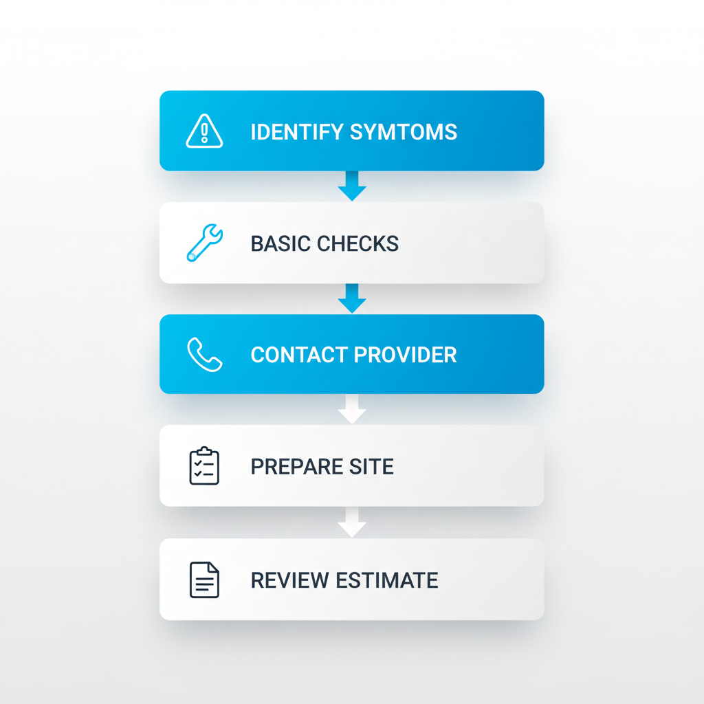 Vertical process flow diagram showing five steps to initiate air conditioner repair: identify symptoms, perform basic checks, contact service provider, prepare site, and review estimate.