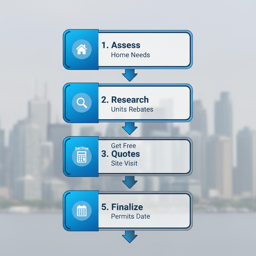 Vertical process flow diagram showing steps for starting an AC installation project